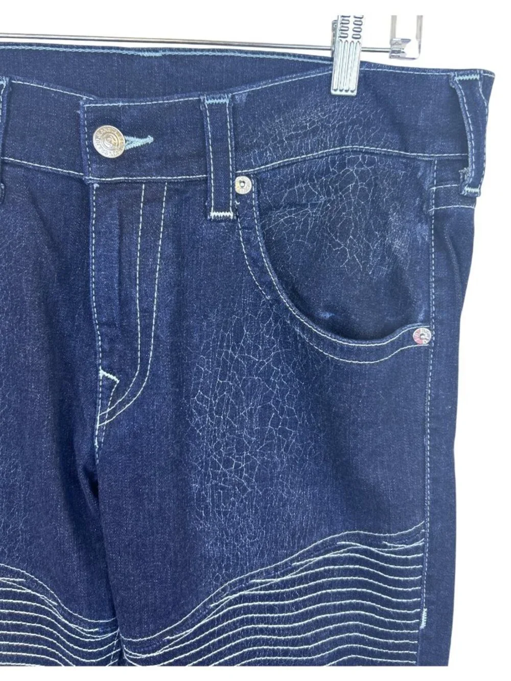 True Religion Moto Skinny Jeans Men's 34x28 Dark Wash Run Stitch Cracked Texture